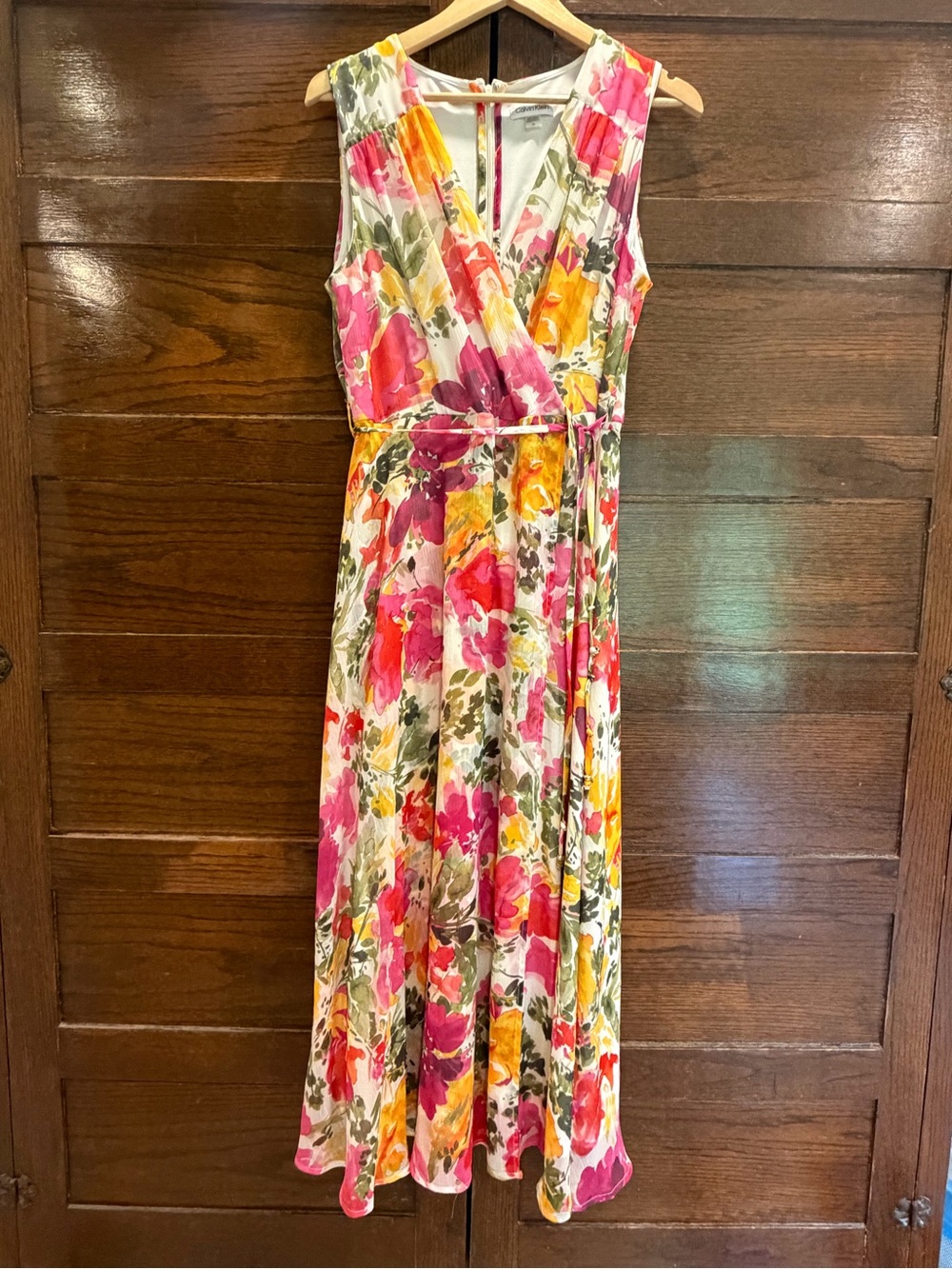 Calvin Klein 14 Floral Wrap Maxi Dress flowy lined colorful spring flowers long